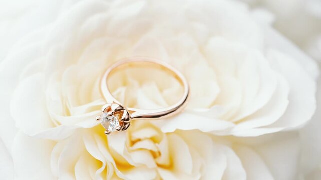 A brilliant diamond engagement ring made of gold is beautifully placed on the soft, delicate petals of a white rose.