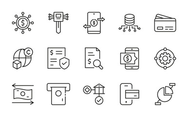 Fintech linear icon set. Digital banking, online payment, cryptocurrency, blockchain, wallet, investment, financial app, security, credit card, analytics, savings vector icon set. UI thin line pack