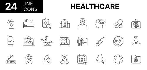 Collection of 24 Healthcare line icons featuring editable strokes. These outline icons depict various modes of Healthcare, Health, care, medicine, hospital, health, wellness, 