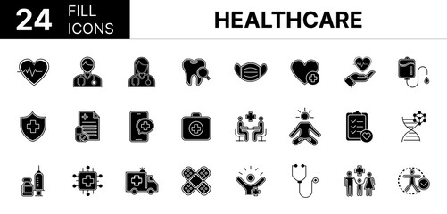 Collection of 24 Healthcare fill icons featuring editable strokes. These outline icons depict various modes of Healthcare, Health, care, medicine, hospital, health, wellness, 