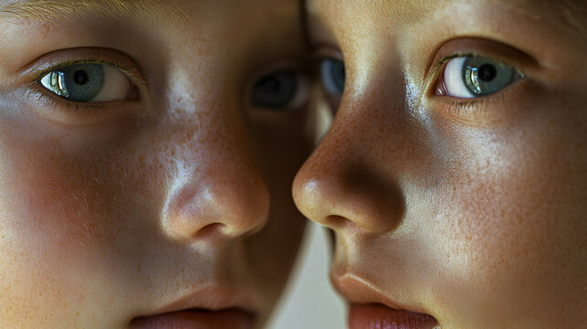 un par de gemelos ni&ntilde;os peque&ntilde;os rubios de tez clara identicos con pecas en el rostro retrato 