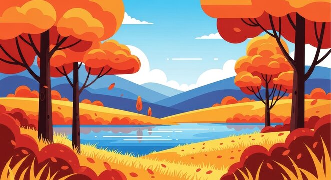 Flat illustration of a vibrant autumn landscape with colorful trees, a calm lake, and rolling hills
