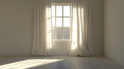 un cuarto vacio o habitacion con un ventanal con entrada de luz natural y cortinas de tela colgando diseño de interiores moderno elegante 