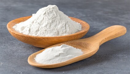 Wooden bowl and spoon filled with white powder