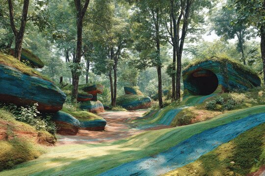 Colorful rocks and painted earth path in a lush forest