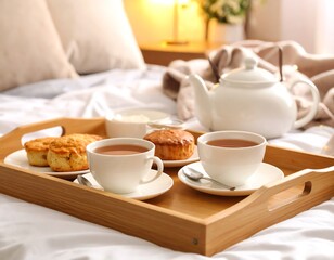 Obraz premium Breakfast tray with tea and pastries in bed.