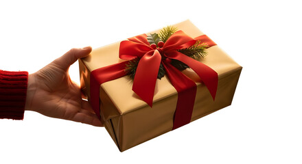 Family member offering a holiday gift box isolate white background, emotional reunion vibe.
