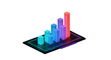 Glowing 3d bar chart growing upwards isolated on transparent background