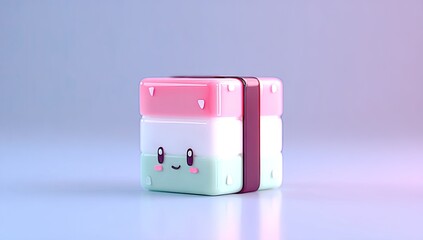 Cute, cartoonish, cube-shaped sushi with pastel colors and a happy expression