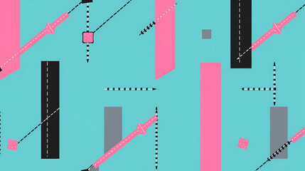 Geometric seamless pattern with stitches in black gray and pink on spruce blue background. Vector illustration, for masculine shirt lady dress fabric textile cover decoration wallpaper backdrop