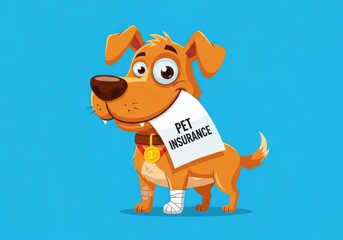 Fototapeta premium Flat illustration of a happy cartoon dog with a bandage on its paw holds a sign for pet insurance