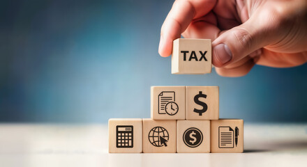 Hand placing a wooden block with the word tax on top of a stack of blocks with financial and business icons, symbolizing tax planning and financial management