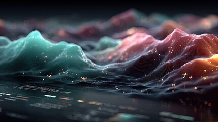 Abstract digital landscape of swirling, colorful mountains
