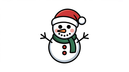 Cute snowman in Santa hat, green scarf, and simple design.
