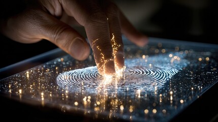 A hand touching a tablet screen, showing a fingerprint graphic