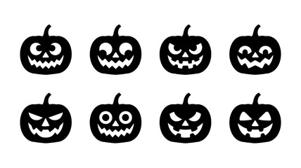 Black silhouette pumpkins with various spooky faces.

