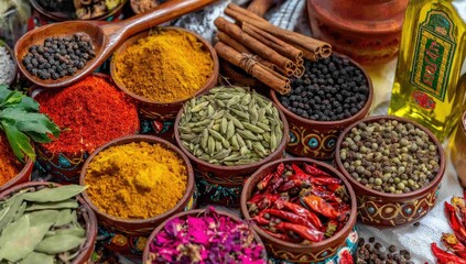 Fototapeta premium Colorful array of spices in small bowls, including turmeric, paprika, cinnamon sticks, peppercorns, and dried chili peppers. Wooden spoon