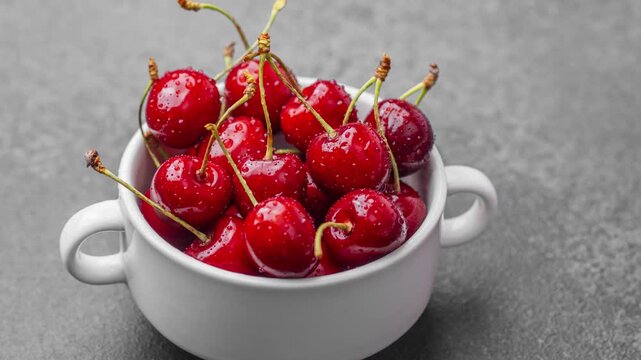 Bright red cherries, freshly washed and glistening with water, fill a crisp white bowl, presented against a plain gray surface for a healthy snack.