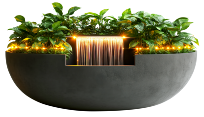 Modern planter features cascading fiber optic lights resembling waterfall, surrounded by lush green plants in sleek, round design. glowing effect creates serene ambiance., isolated