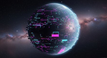 Futuristic planetary depiction with neon circuitry orbiting in a cosmic expanse