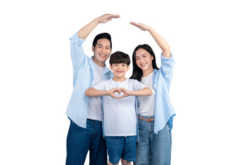 Fototapeta premium A happy asian family forming the shape of a home with their hands on png background