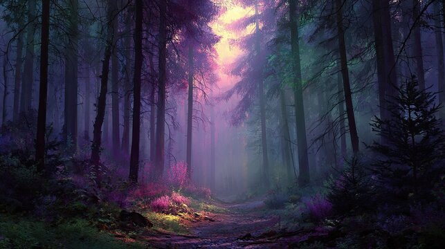 A mystical forest path bathed in ethereal light - Powered by Adobe