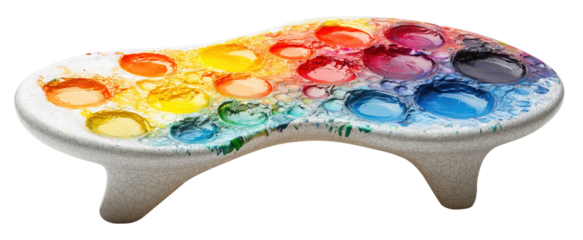 Colorful artist palette with vibrant paint blobs arranged in spectrum, creating visually striking and creative display. palette has unique, curved shape and textured surface., isolated