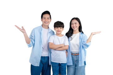 A happy asian family with a wide smile, wearing blue shirts, they're posing with their palms open 