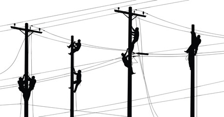 Utility linemen working on power lines, electric pole maintenance, climbing workers in silhouette, electrical repair teamwork, energy infrastructure service scene