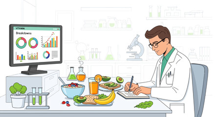 Scientist analyzing vitamin breakdowns for healthy eating habits and lifestyle design
