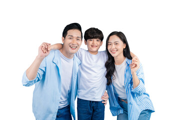 Obraz premium A happy asian family portrait, filled with joy and togetherness. A father, mother, and son embrace each other on png background