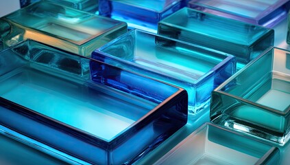 Abstract geometric shapes in translucent, vibrant blues and greens