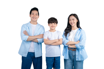 A smiling Asian family stands together in a studio shot. The father, son, and mother are all in casual wear on png background