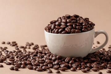Fototapeta premium Overflowing white cup brimming with freshly roasted coffee beans on a neutral backdrop highlighting rich texture and aroma in an inviting atmosphere