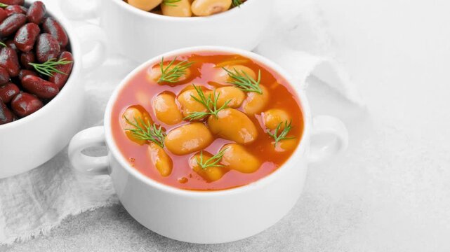 Delicious baked beans in rich tomato sauce with fresh dill are served in a white bowl. Various nutritious cooked beans, including red kidney beans, are presented.