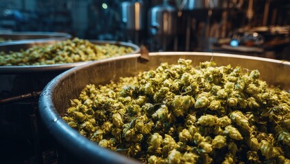 Close-up of hop cones in large metal containers