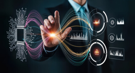 Businessman interacting with a futuristic digital interface displaying data analytics and network connections, representing advanced technology and information flow