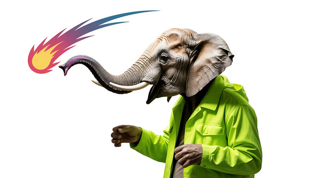 Elephant-headed figure, vibrant yellow jacket, meteor streaks past.
