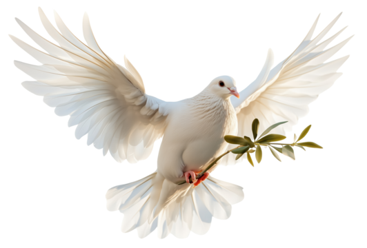 White dove gracefully flies with olive branch in its beak, symbolizing peace and hope. bird wings are spread wide, showcasing its elegant feathers against clear sky., isolated