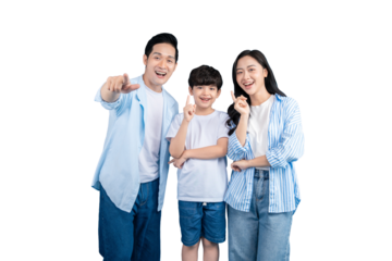 Asian family standing together smiling. The family consists of a father, mother, and a son in png background