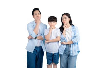 Asian family  thoughtful family pondering together with curious expressions on their faces on png background
