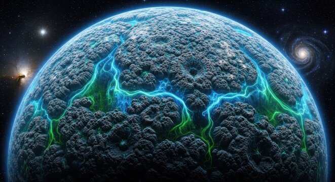 Alien planet with intricate surface and glowing fissures in deep space realm
