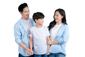 A loving Asian family smiling and embracing each other, full of joy. They are standing closely together on png background