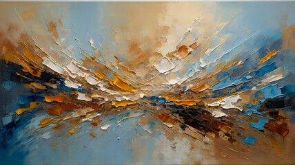 Expansive abstract oil painting stretched across a wide panoramic canvas