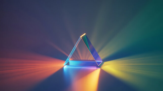 Translucent triangle prism, vibrant light rays.
