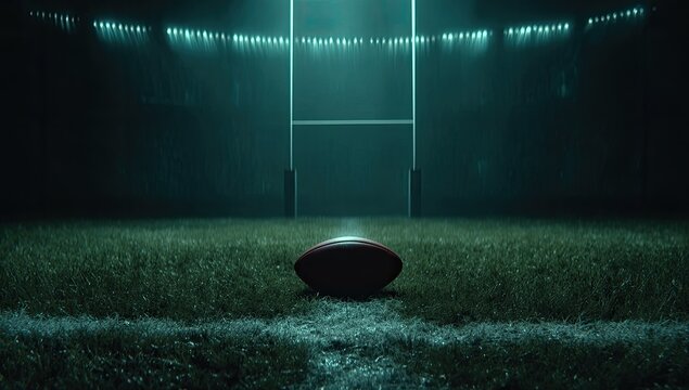 Empty rugby field at night, illuminated by stadium lights