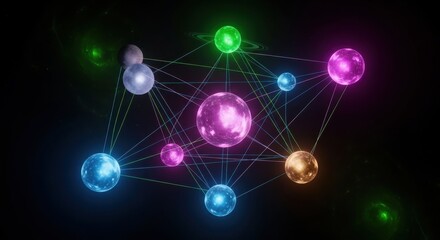 Interconnected network of glowing orbs symbolizing data streams or planetary system