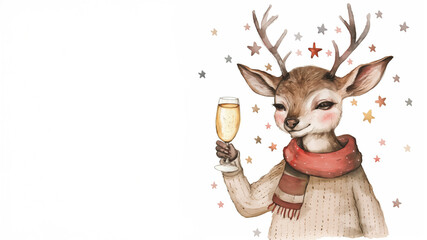 Watercolor reindeer in red scarf holding champagne. Christmas celebration concept.