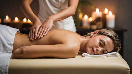 Obraz premium Woman receiving back massage, hands gently applying pressure. 
