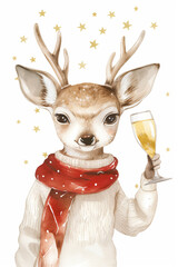 Watercolor reindeer in red scarf holding champagne with gold stars. Holiday celebration concept